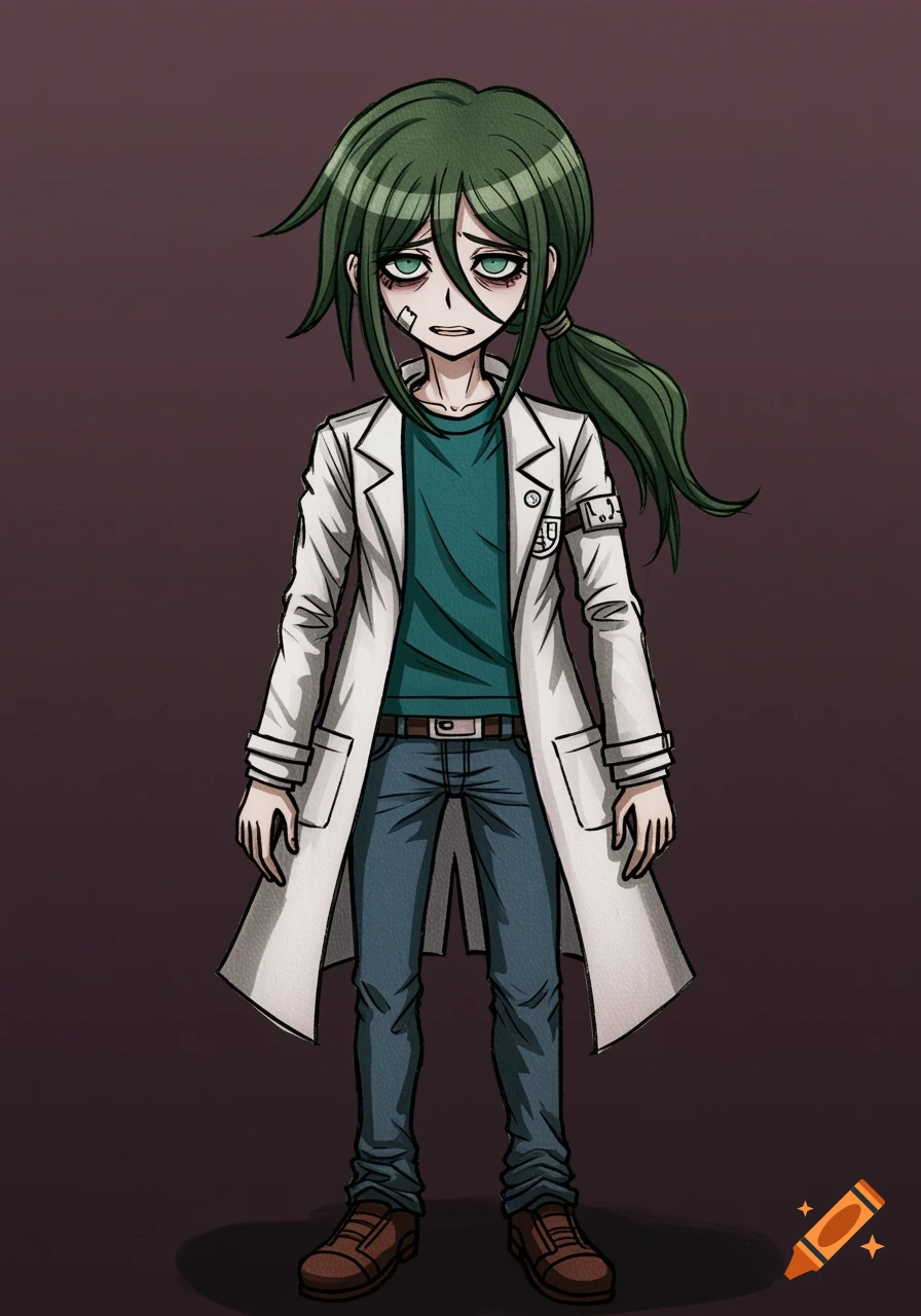 A full-body anime illustration in Danganronpa style of a boy with green hair and a white lab coat, standing against a dark background.