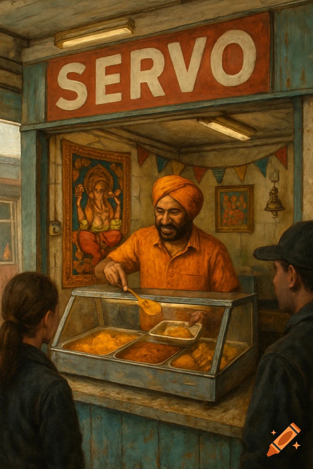 An Indian man in an orange turban serves food from a hotbox at a 'SERVO' shop counter, with customers waiting.