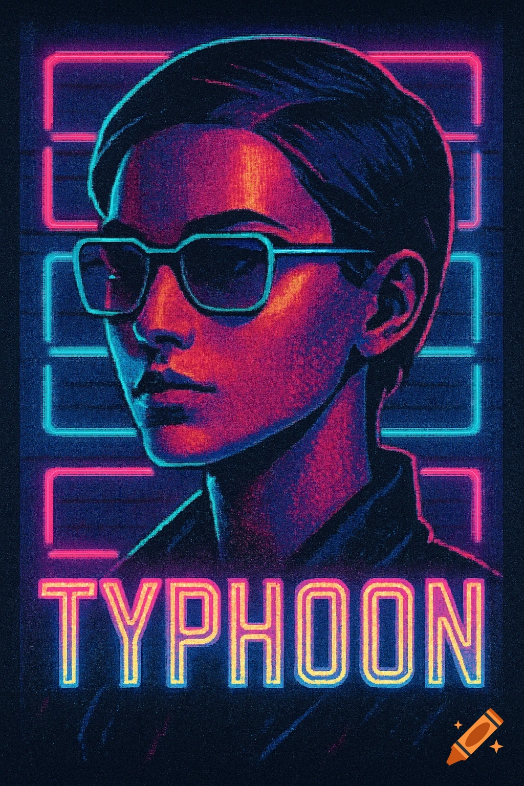 A retro-futuristic portrait of a person in sunglasses with neon lights, displaying the word 'TYPHOON'.