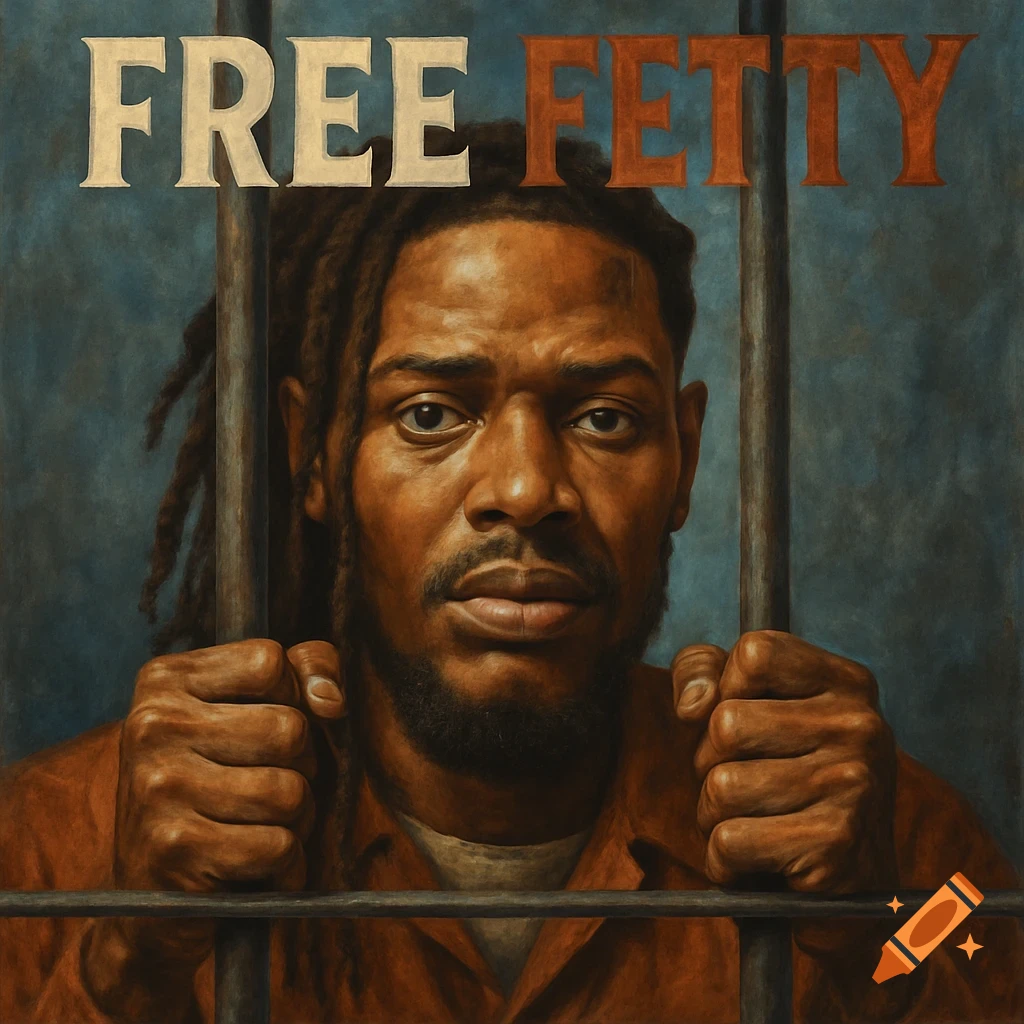 A detailed painting of a man with dreadlocks in an orange jumpsuit, looking through prison bars. Text at top reads 'FREE FETTY'.
