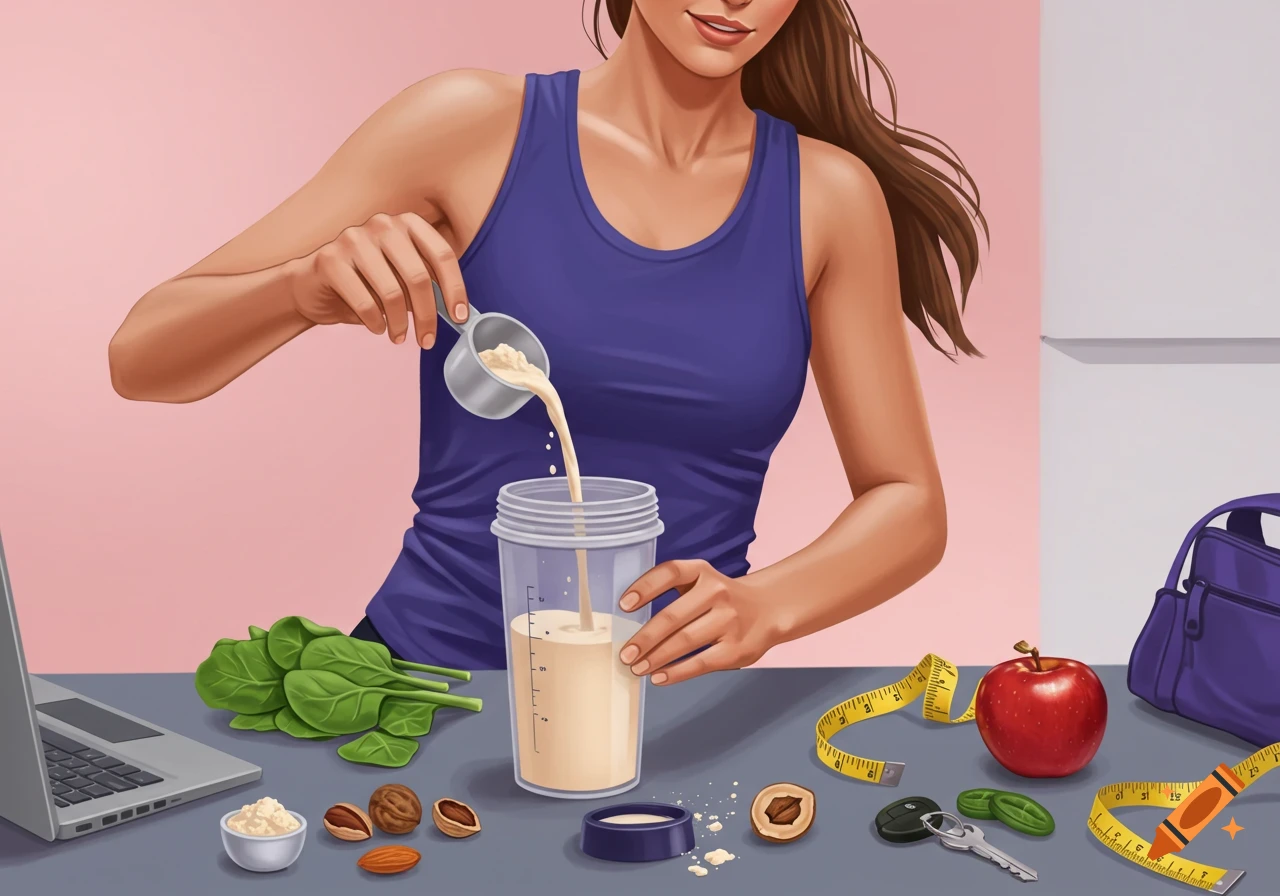 An illustration of a woman pouring protein powder into a shaker bottle on a table with healthy food, a laptop, and fitness accessories.
