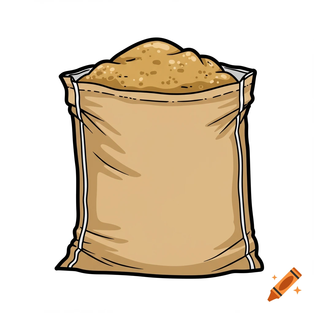 Clipart drawing of a brown burlap sack overflowing with light brown sand, against a white background.