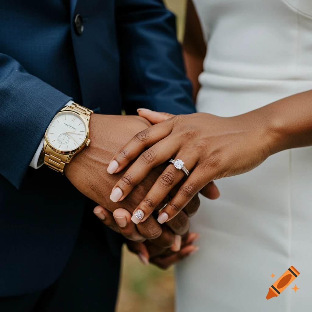 Close-up of a couple's hands holding, with a gold watch on the man's wrist and a large diamond ring on the woman's finger. Photorealistic style.