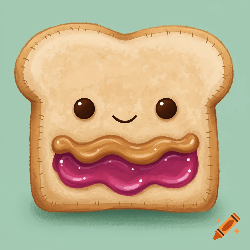 A cute, smiling peanut butter and jelly sandwich plushie with a happy face against a light blue background.