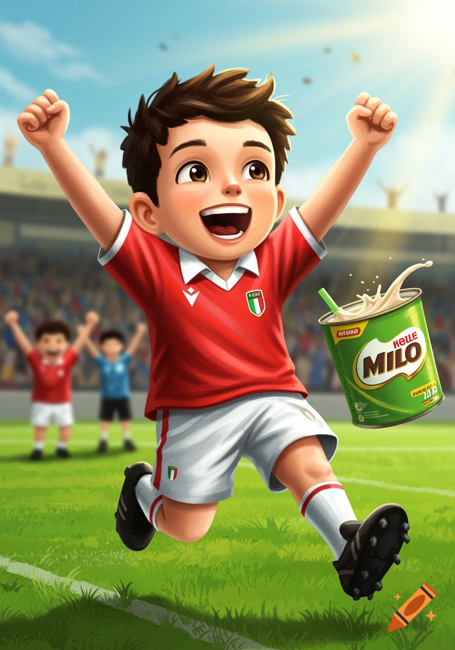A cheerful cartoon boy in a red soccer jersey celebrates a goal on a green field, holding a green Milo cup.