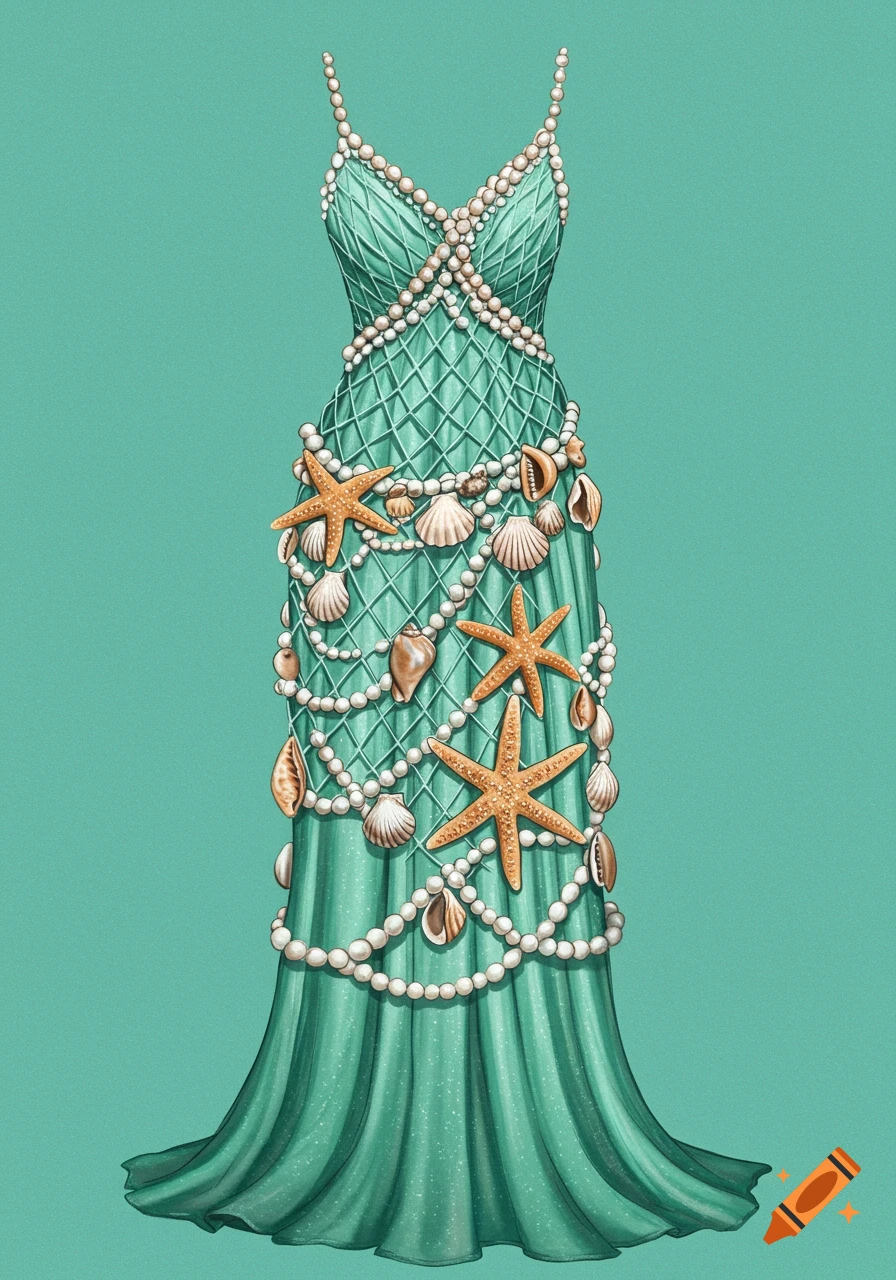 A seafoam green mermaid-style dress adorned with pearls, starfish, and seashells over a fishnet pattern.