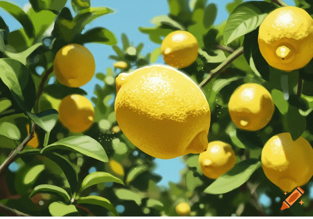 A close-up of bright yellow lemons hanging from a tree branch against a blue sky, one prominently in the foreground.