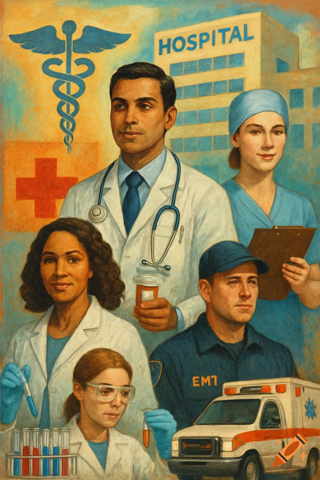 An illustration in a vintage poster style features a diverse group of healthcare professionals, including doctors, nurses, an EMT, and a lab technician, with a hospital building and medical symbols in the background.