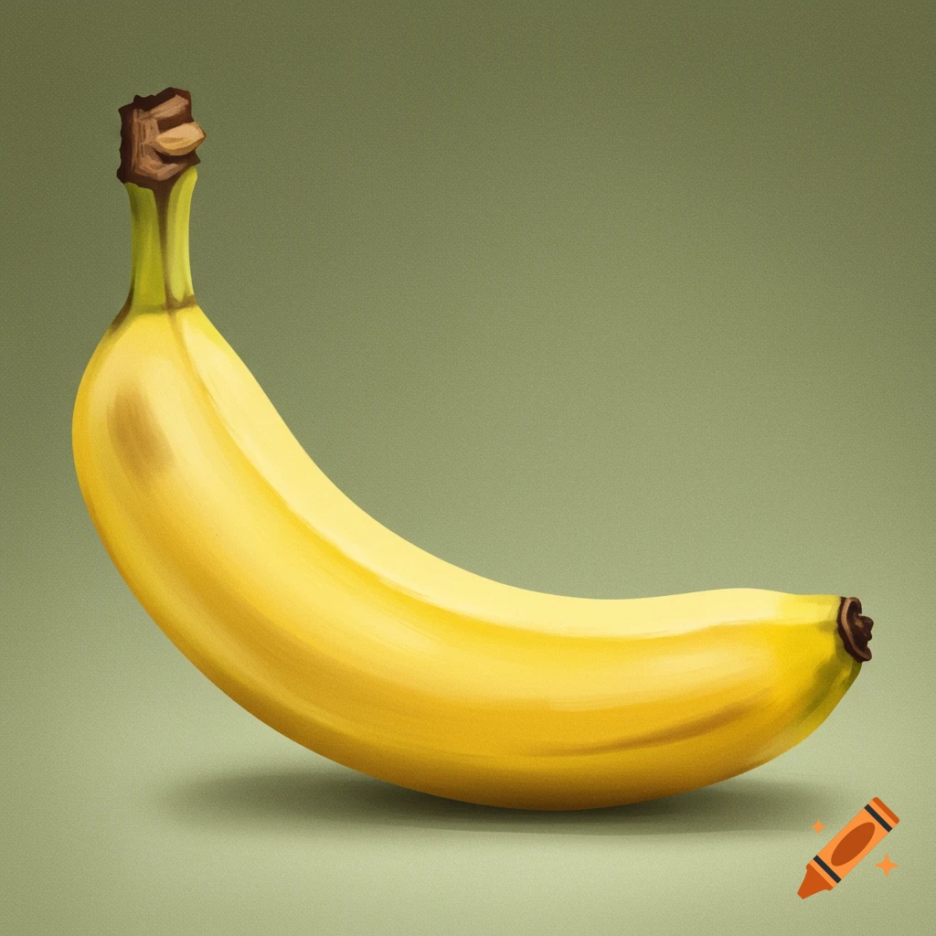 A single ripe yellow banana with a brown stem, depicted in a detailed illustration against a muted green background.