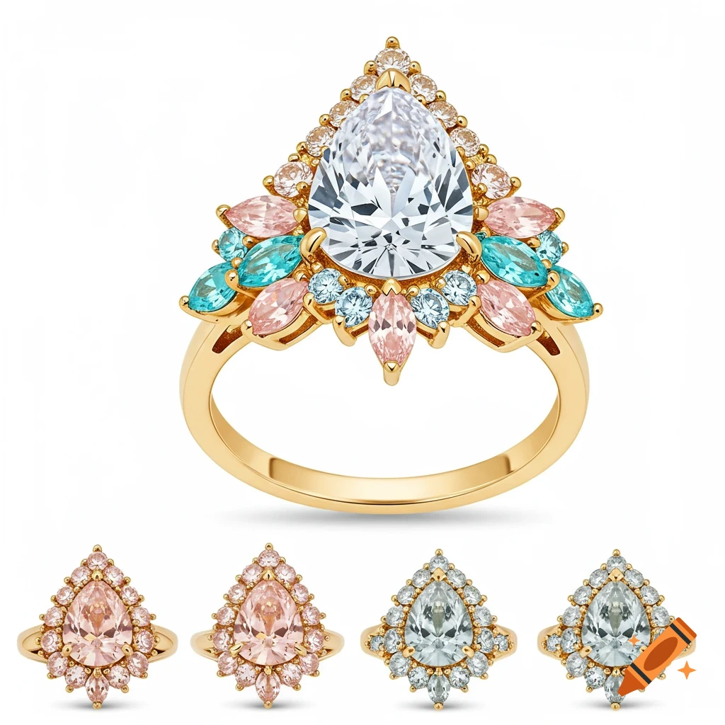 Ornate gold ring with a large pear-shaped clear diamond surrounded by smaller pear-shaped pink, turquoise, and light blue gemstones, with four smaller variations below.
