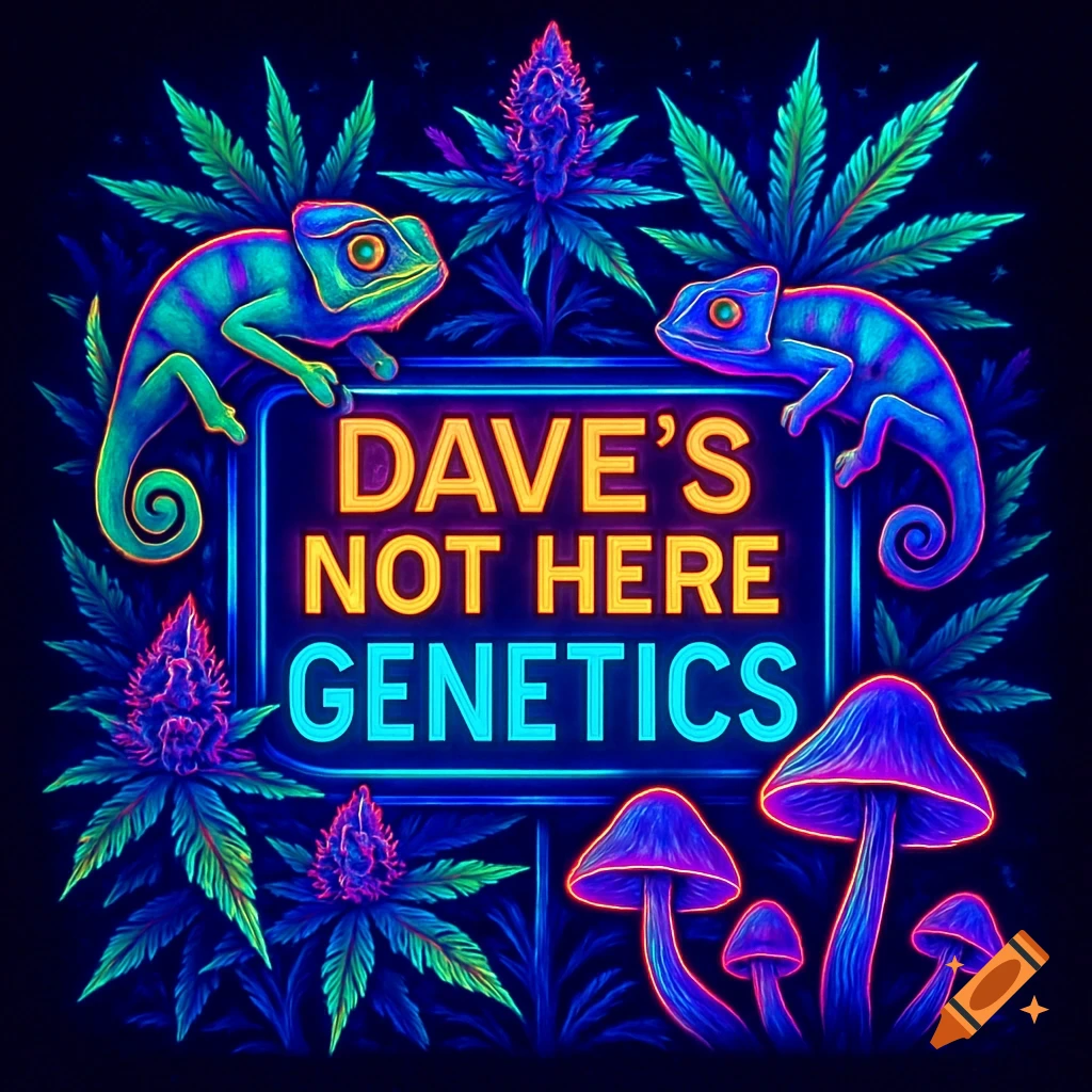 A neon sign 'Dave's Not Here Genetics' surrounded by glowing blue and green chameleons, cannabis plants, and purple mushrooms on a black background.