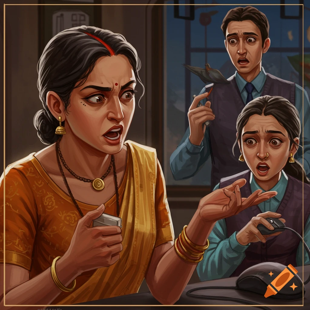Illustration of a woman in a sari yelling, while a second woman looks shocked at a computer and a man behind them holds a small bird, all in an office setting.