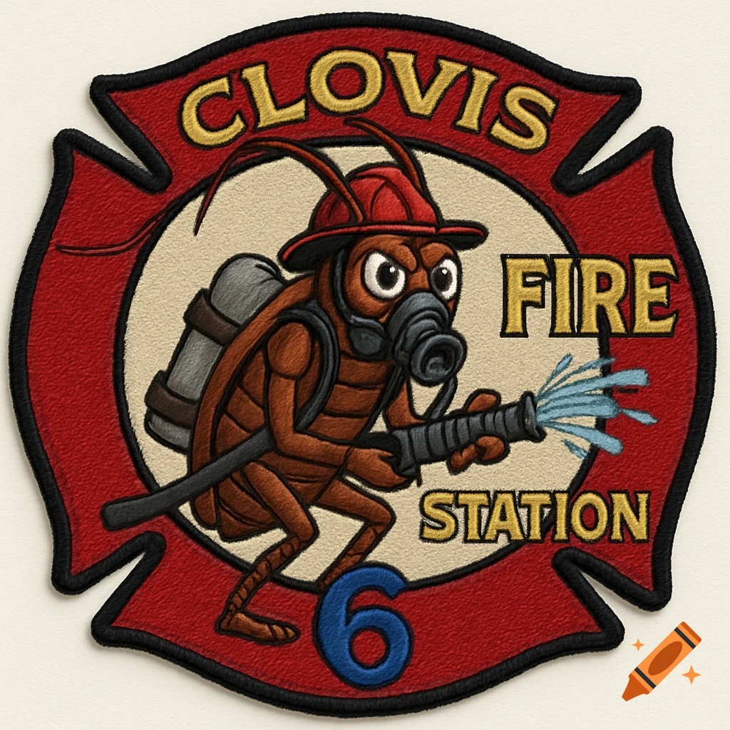 An embroidered red fire department patch featuring a cartoon cockroach firefighter wearing a helmet and SCBA, spraying water from a hose. Text reads 'CLOVIS FIRE STATION 6'.