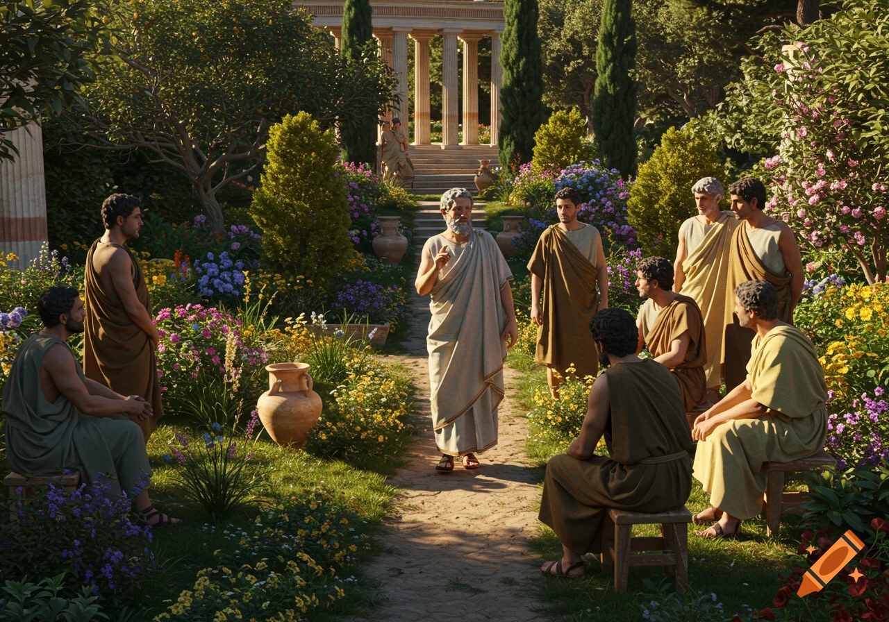 A bearded ancient philosopher teaches disciples in a lush, blooming classical garden with a temple in the background.