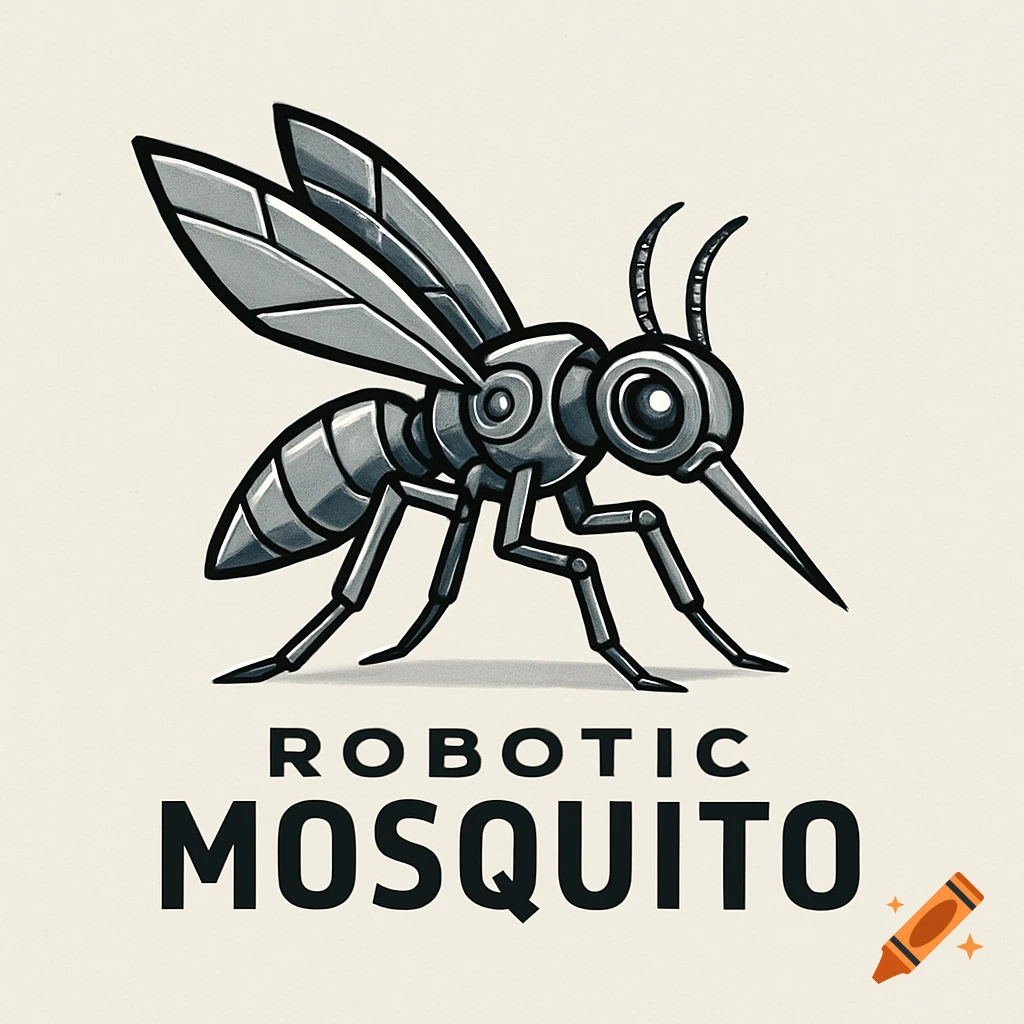 A stylized gray and black robotic mosquito illustration with the text 'ROBOTIC MOSQUITO' below, designed as a logo.