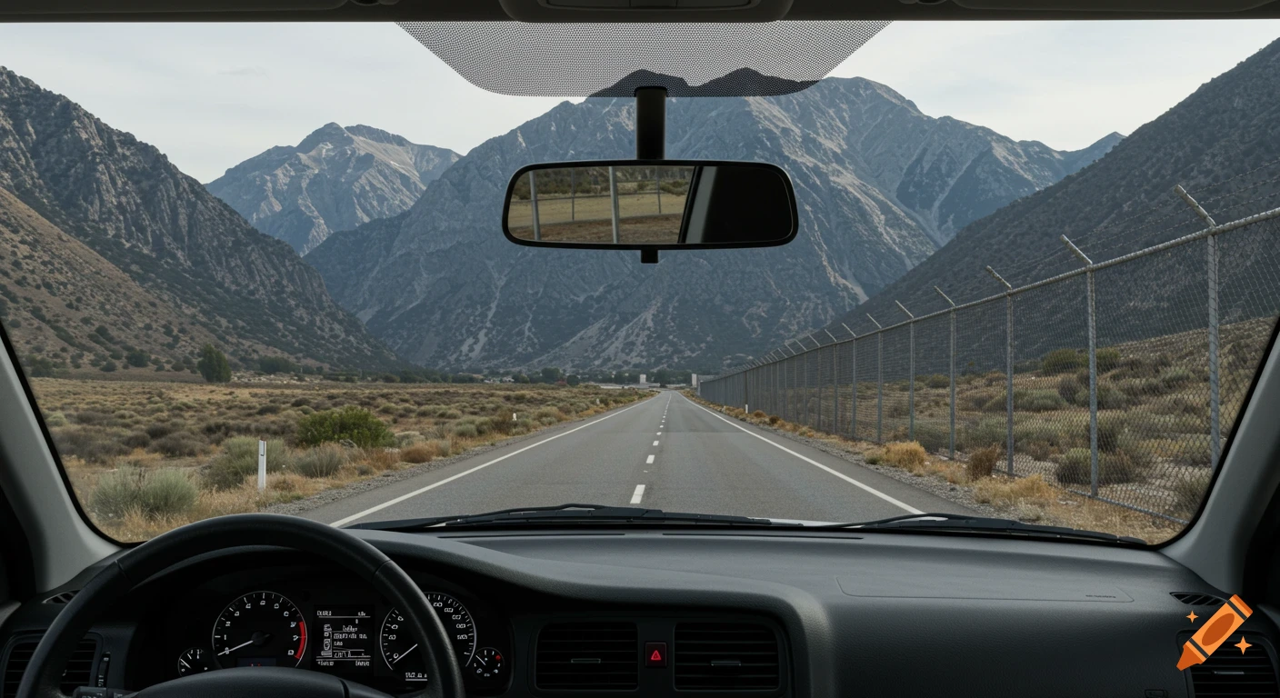 View from car dashboard of a road leading to mountains, with a fence on the right and reflected in the rearview mirror.