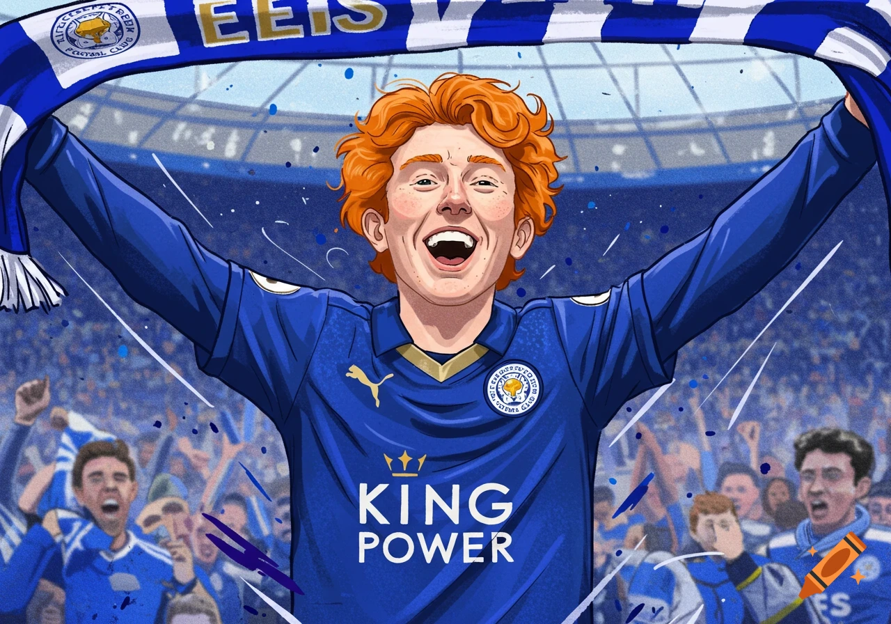 Illustration of a red-haired fan in a blue Leicester City FC jersey holding a scarf in a cheering stadium.