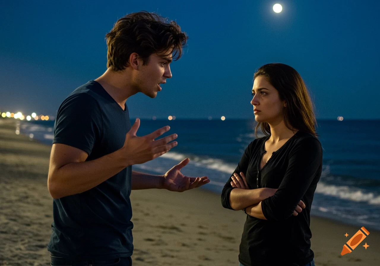 A photorealistic image of a young man arguing with a woman on a dark beach at night under a full moon.