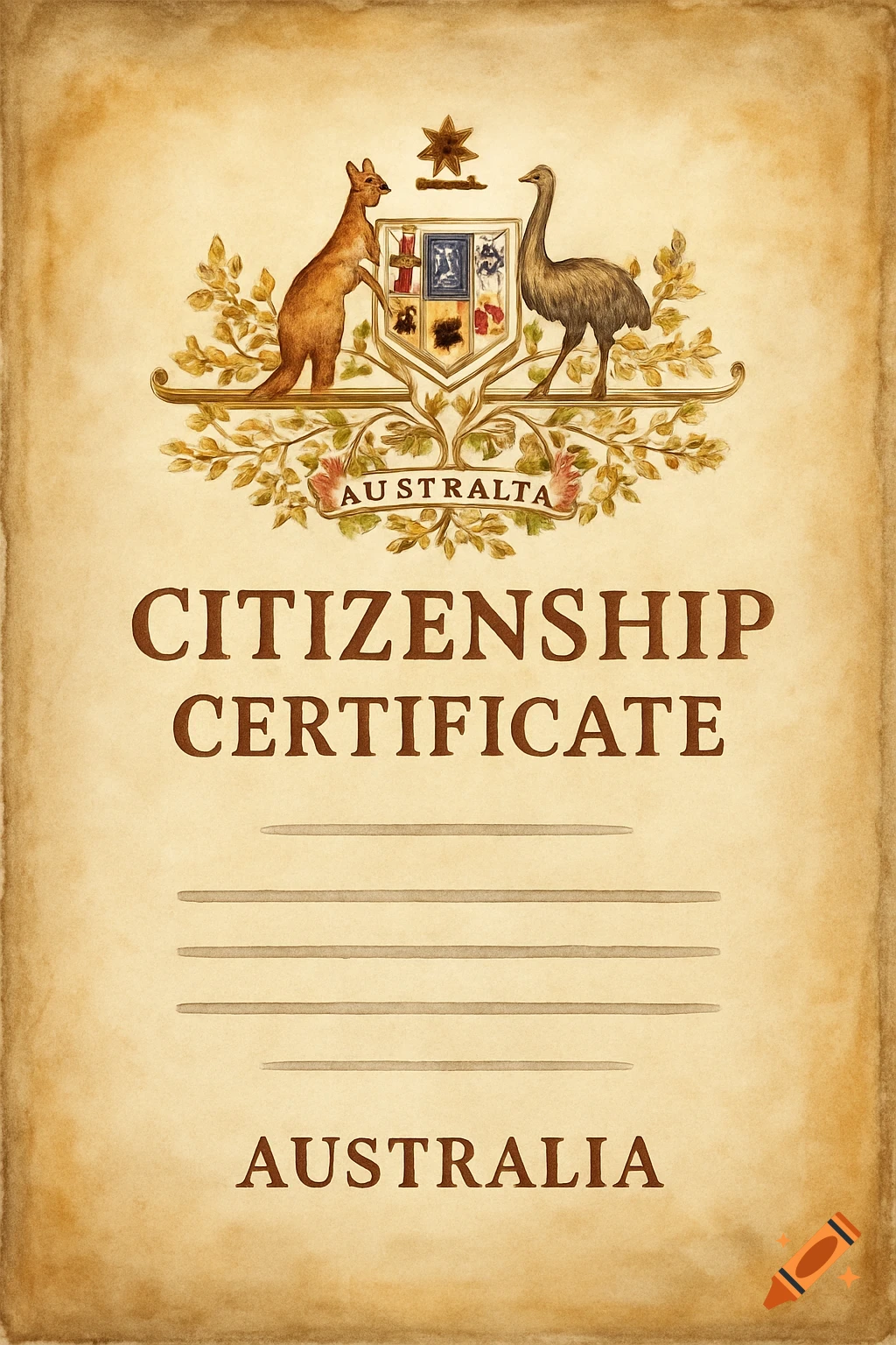 An aged, watercolor-style citizenship certificate featuring the Australian Coat of Arms with a kangaroo and emu, and text 'Citizenship Certificate'.