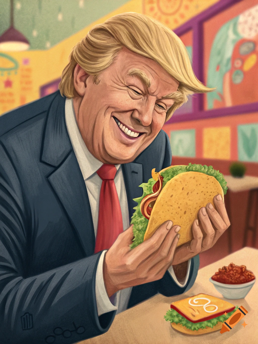 Cartoon style caricature of Donald Trump joyfully holding a taco at a ...