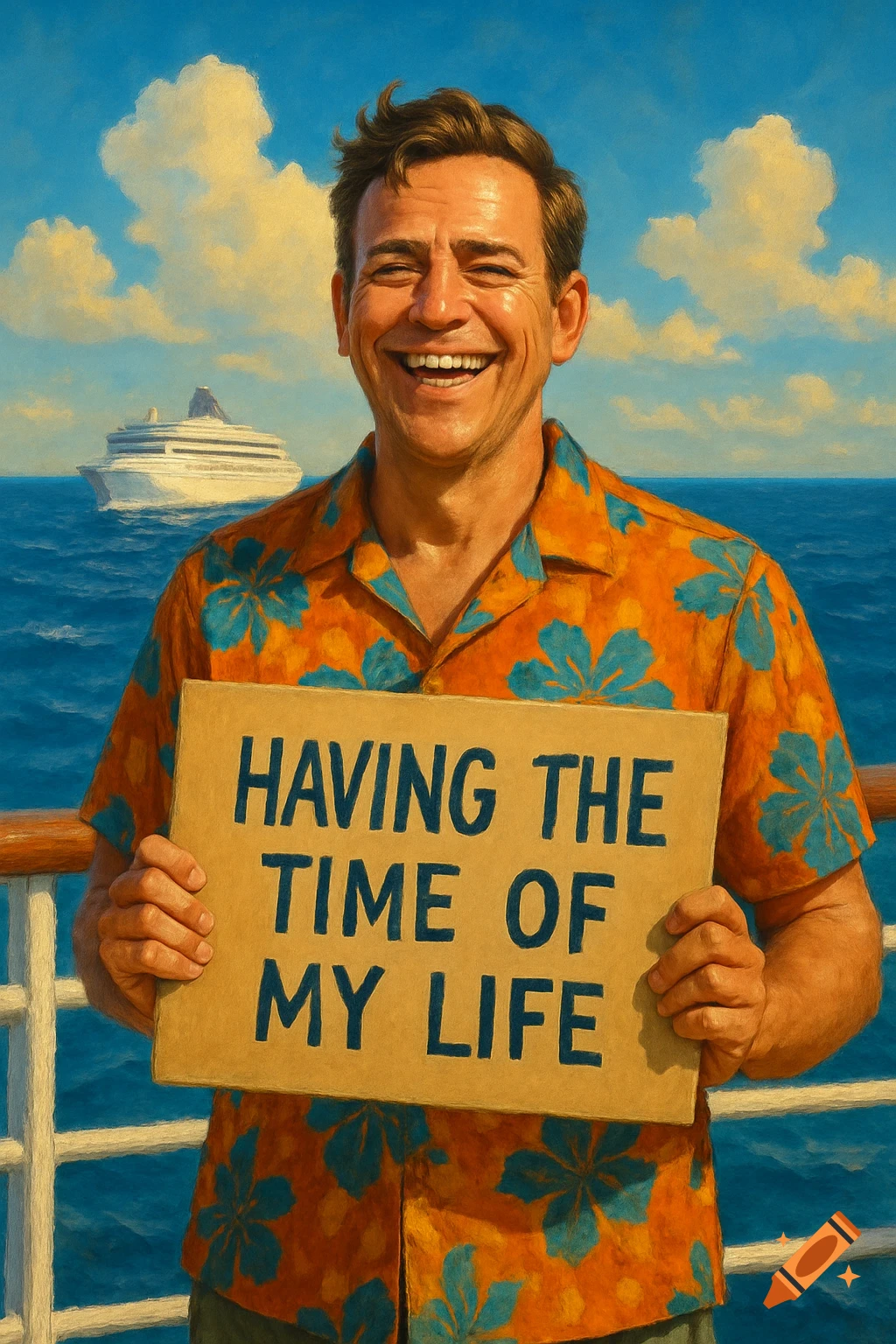 A smiling man in a Hawaiian shirt holds a sign saying 'HAVING THE TIME OF MY LIFE' on a cruise ship deck with the ocean and sky in the background.