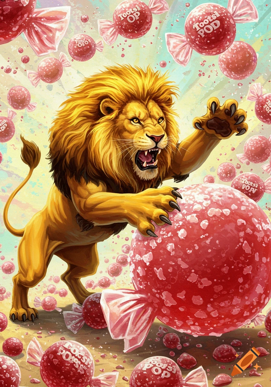 A powerful golden lion roars, with one paw raised, standing on a giant red lollipop as other candies float around it. Illustrated style.