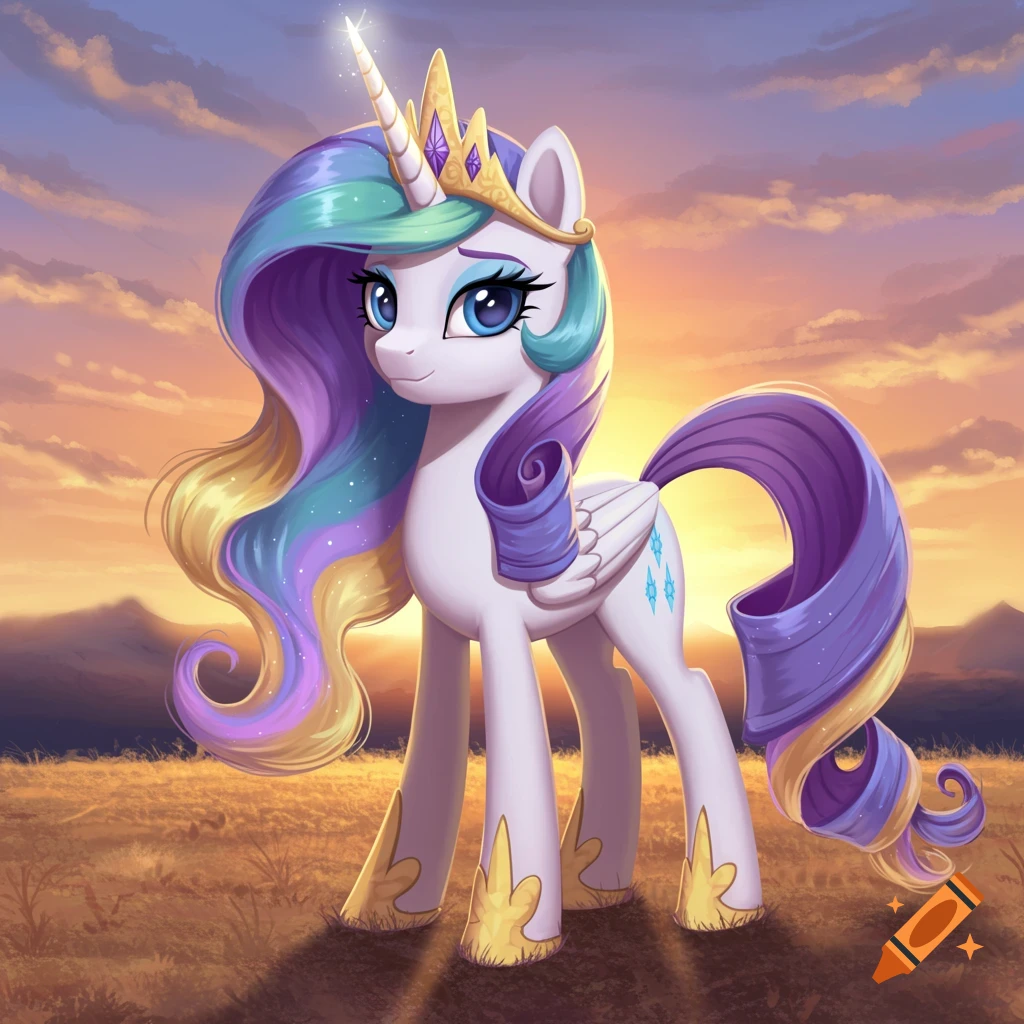 A majestic cartoon unicorn-pegasus hybrid with a flowing rainbow mane and golden crown stands in a golden field at sunset.