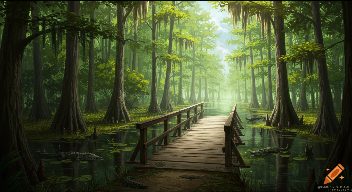 A wooden bridge extends into a lush, green swampy forest with tall trees and alligators in the water.