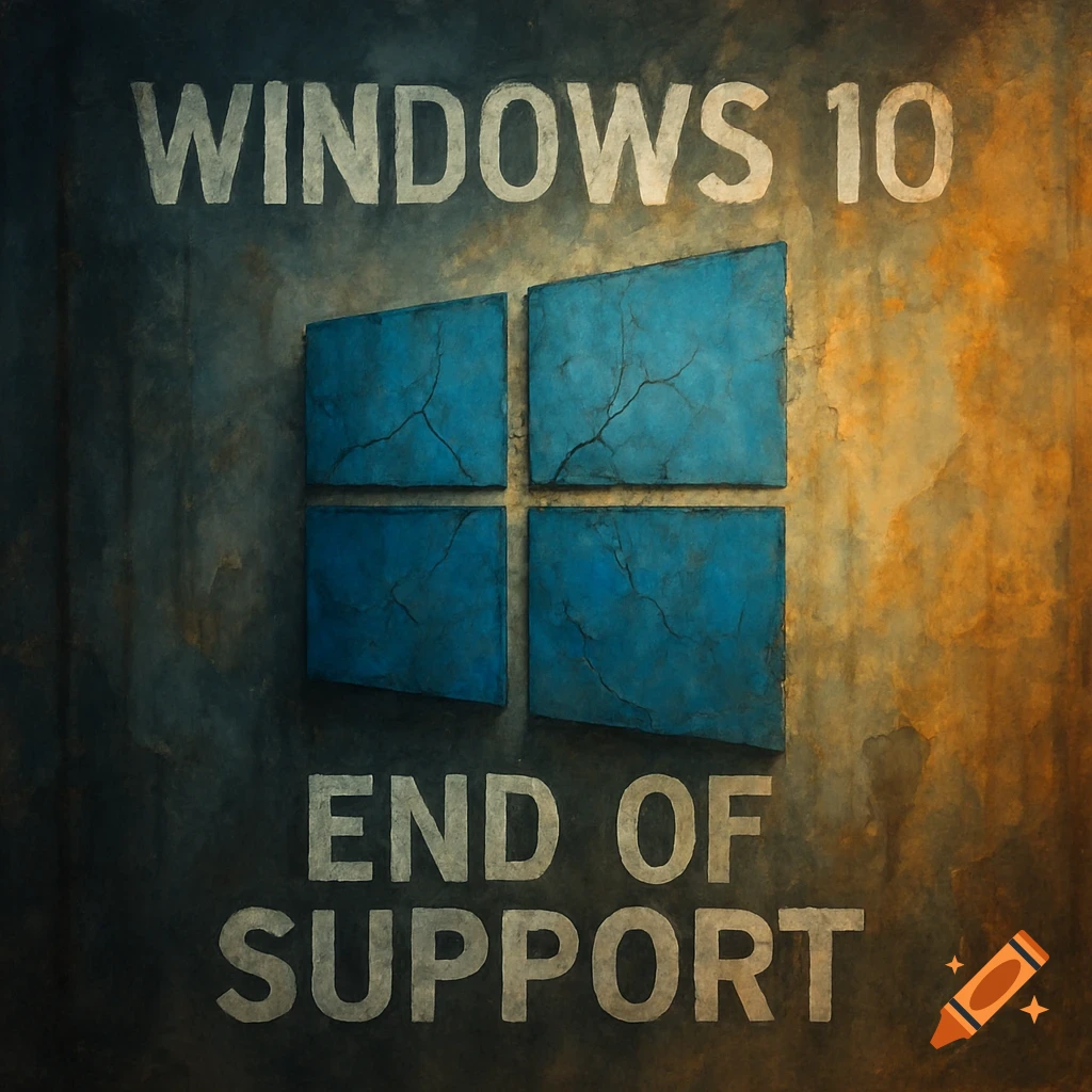 A cracked Windows 10 logo on a distressed wall, with 'WINDOWS 10' above and 'END OF SUPPORT' below in a grunge art style.