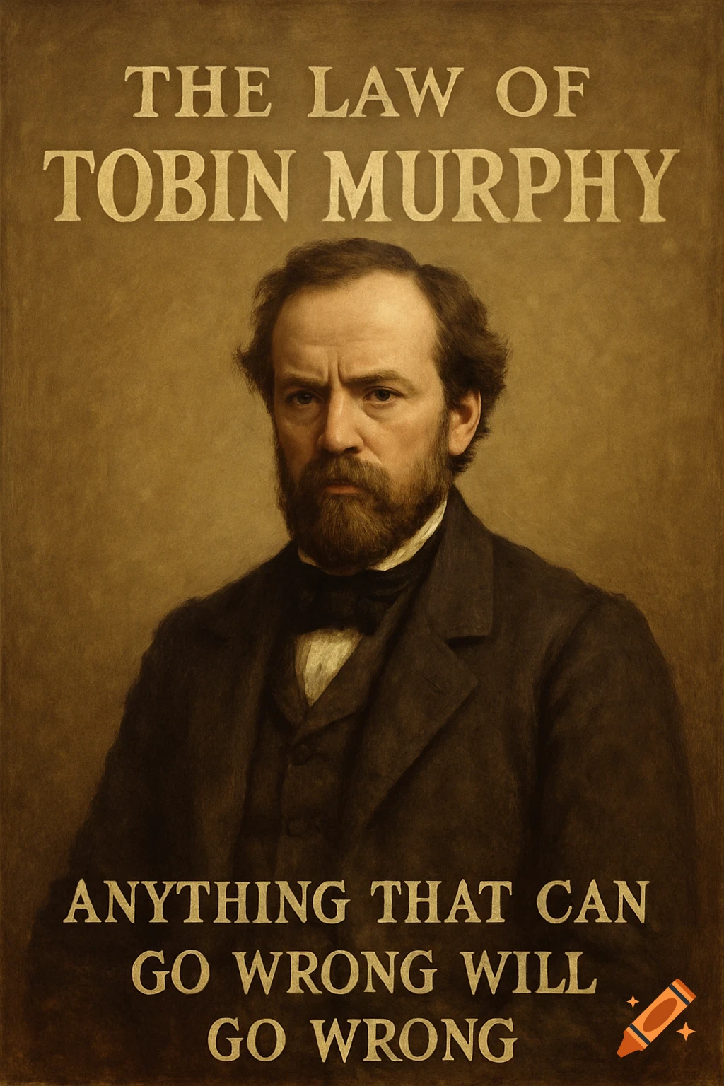 A vintage-style portrait of a serious bearded man in a suit on a sepia background, with the text 'THE LAW OF TOBIN MURPHY' and 'ANYTHING THAT CAN GO WRONG WILL GO WRONG' above and below him.