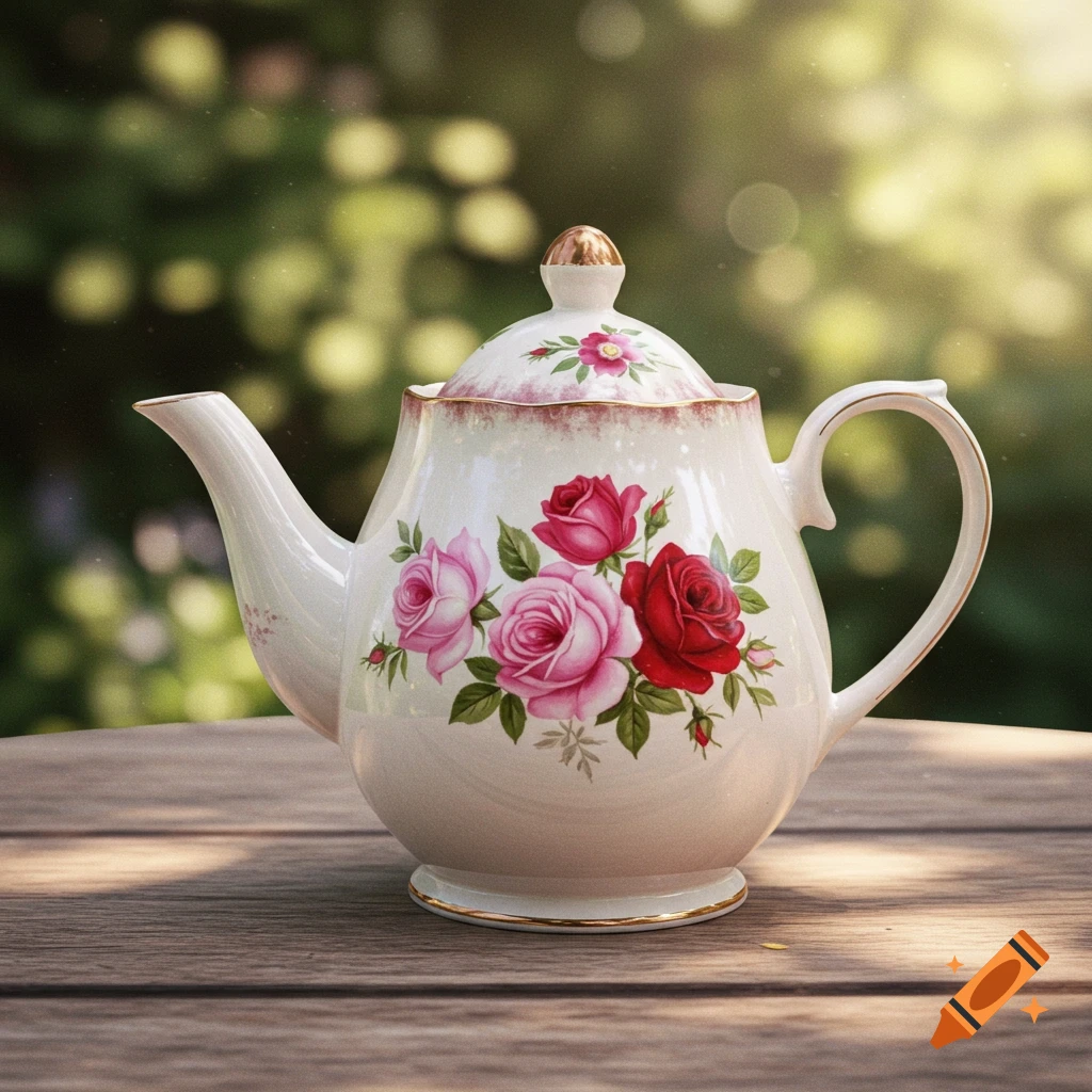 A white porcelain teapot with pink and red rose decorations and gold trim sits on a wooden table outdoors with a blurry green background.