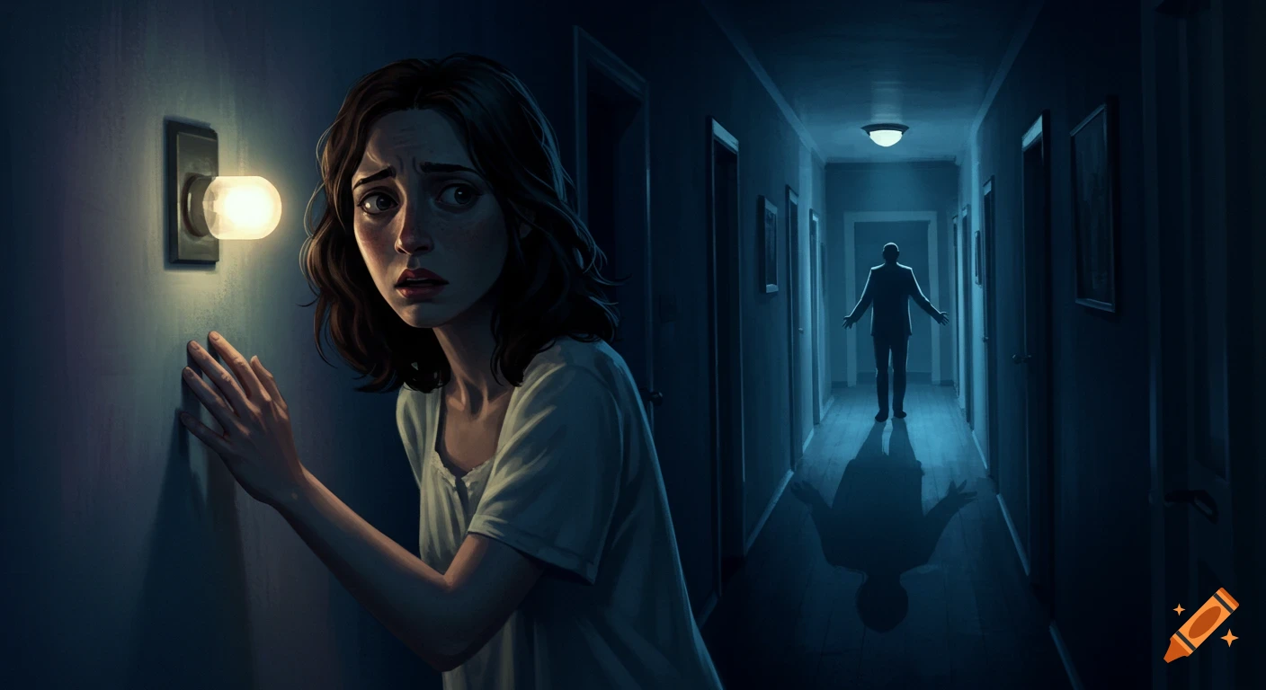 A frightened woman in a dark hallway turns on a light, revealing a silhouetted man at the far end, in a suspenseful illustration.