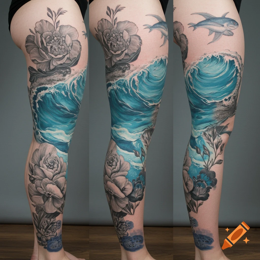 A full leg sleeve tattoo featuring realistic blue ocean waves, black and white flowers, and small grey fish on a person's leg.