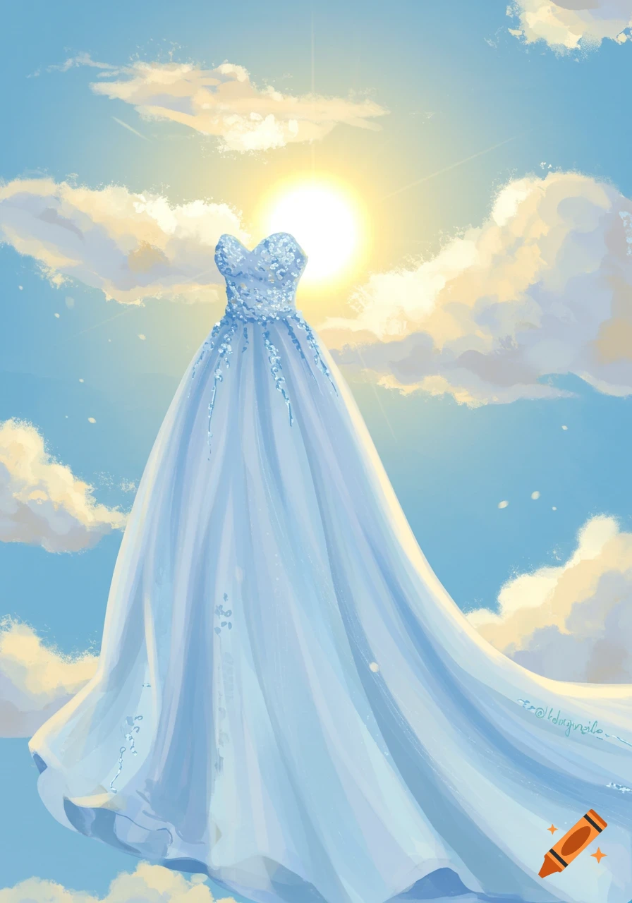 An illustration of a flowing blue wedding dress against a bright blue sky with white clouds and a glowing sun.