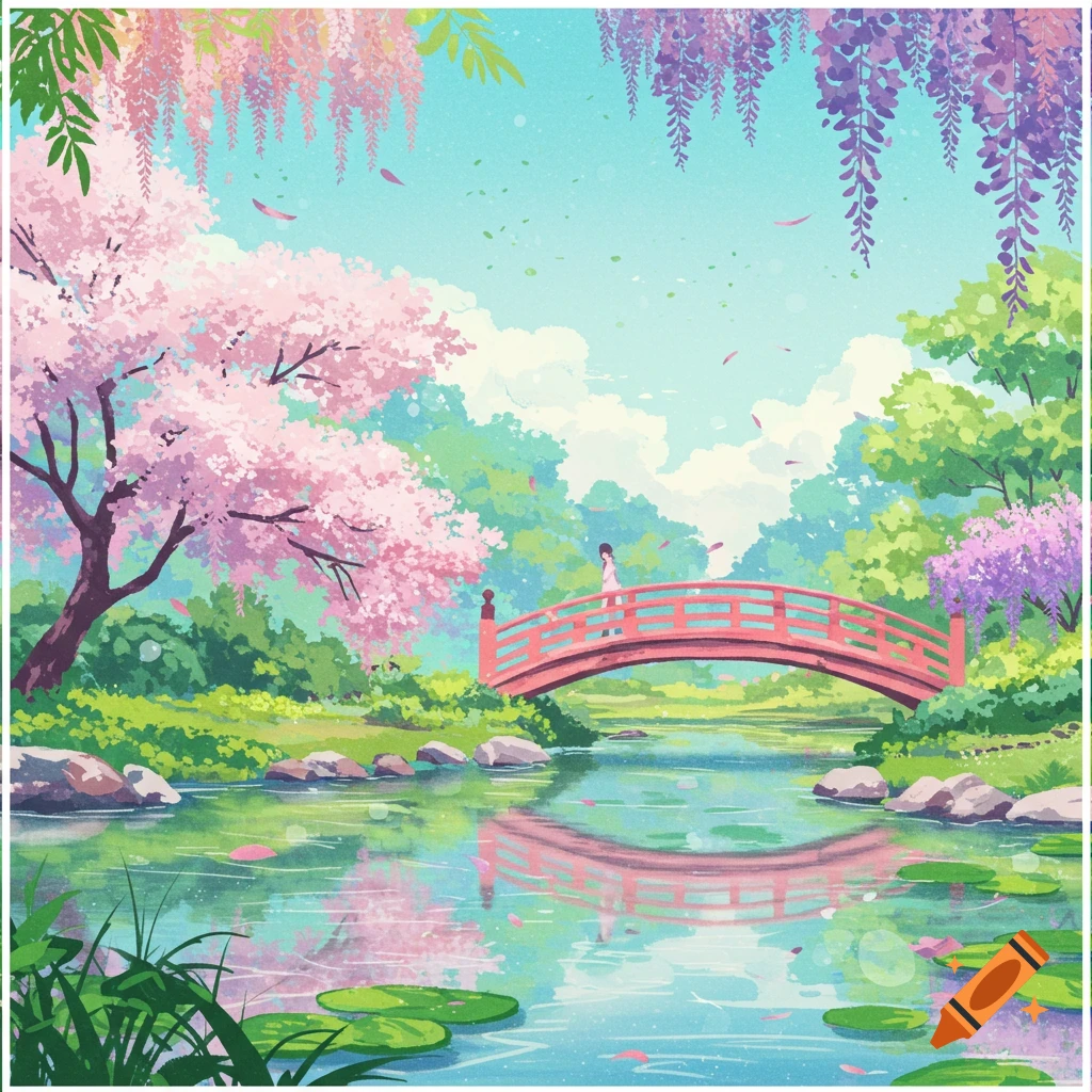 A tranquil Japanese garden scene with a red bridge over water, surrounded by pink cherry blossoms and purple wisteria. A person walks on the bridge.