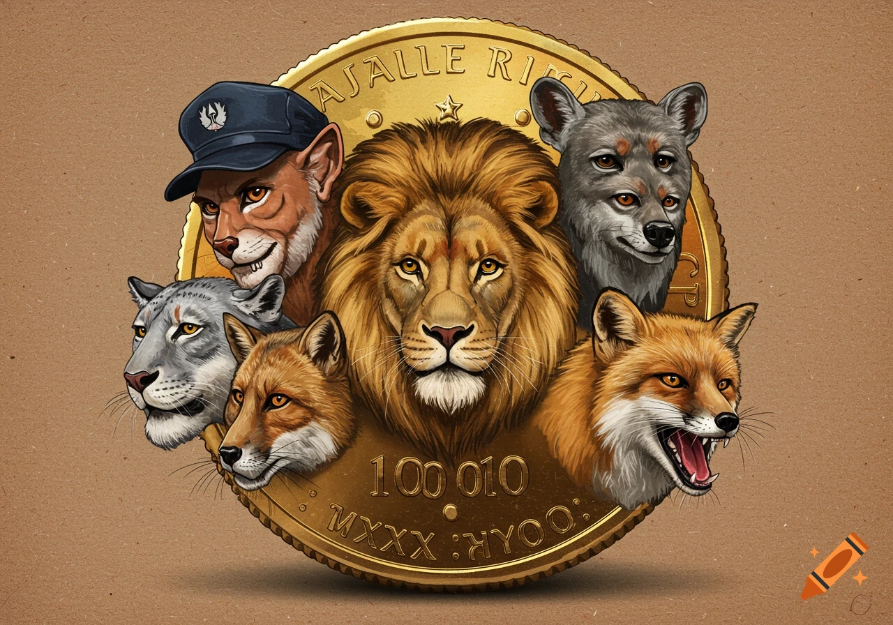 Illustration of various animal heads (lion, wolf, fox, puma) on a golden coin, with one animal wearing a police cap.