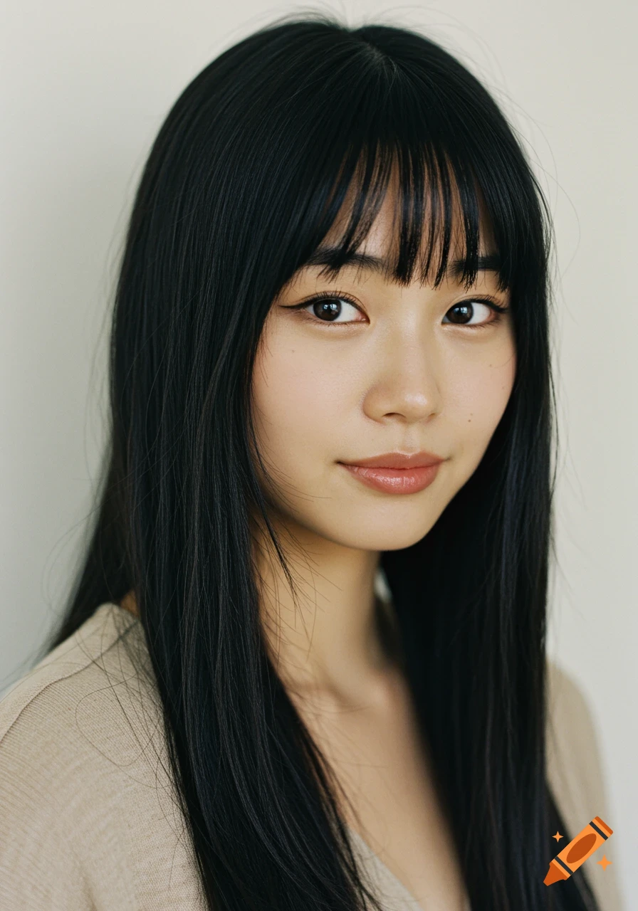 Photorealistic portrait of an Asian woman with long black hair and ...