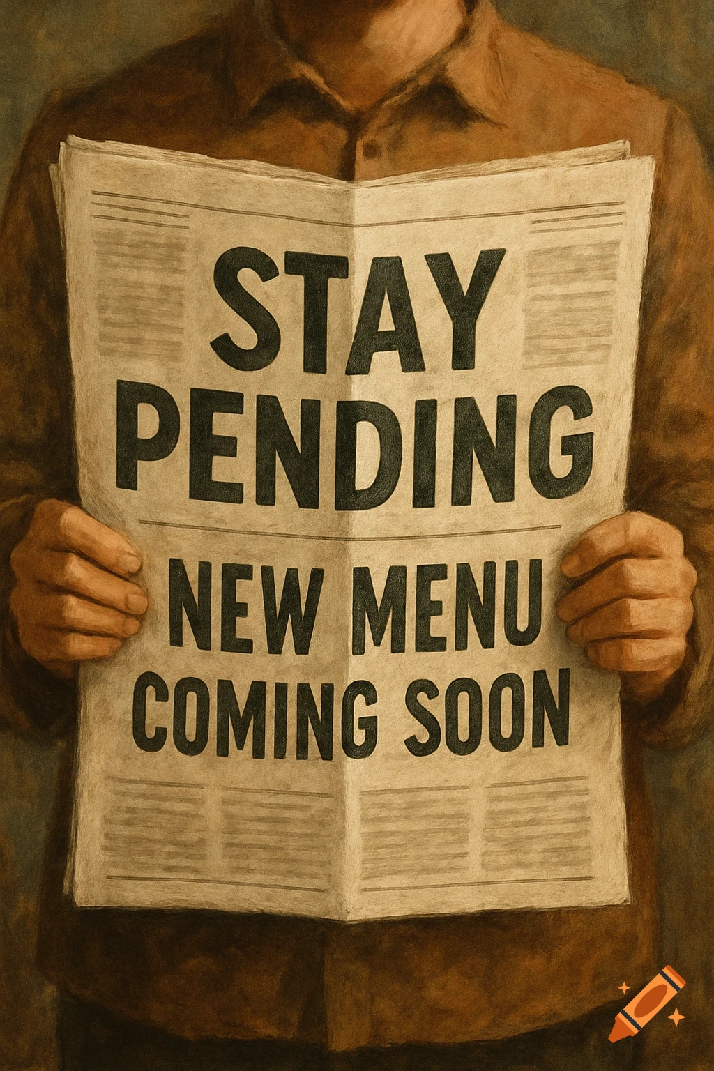 Close-up illustration of a person holding a newspaper with the headline 'STAY PENDING NEW MENU COMING SOON'.