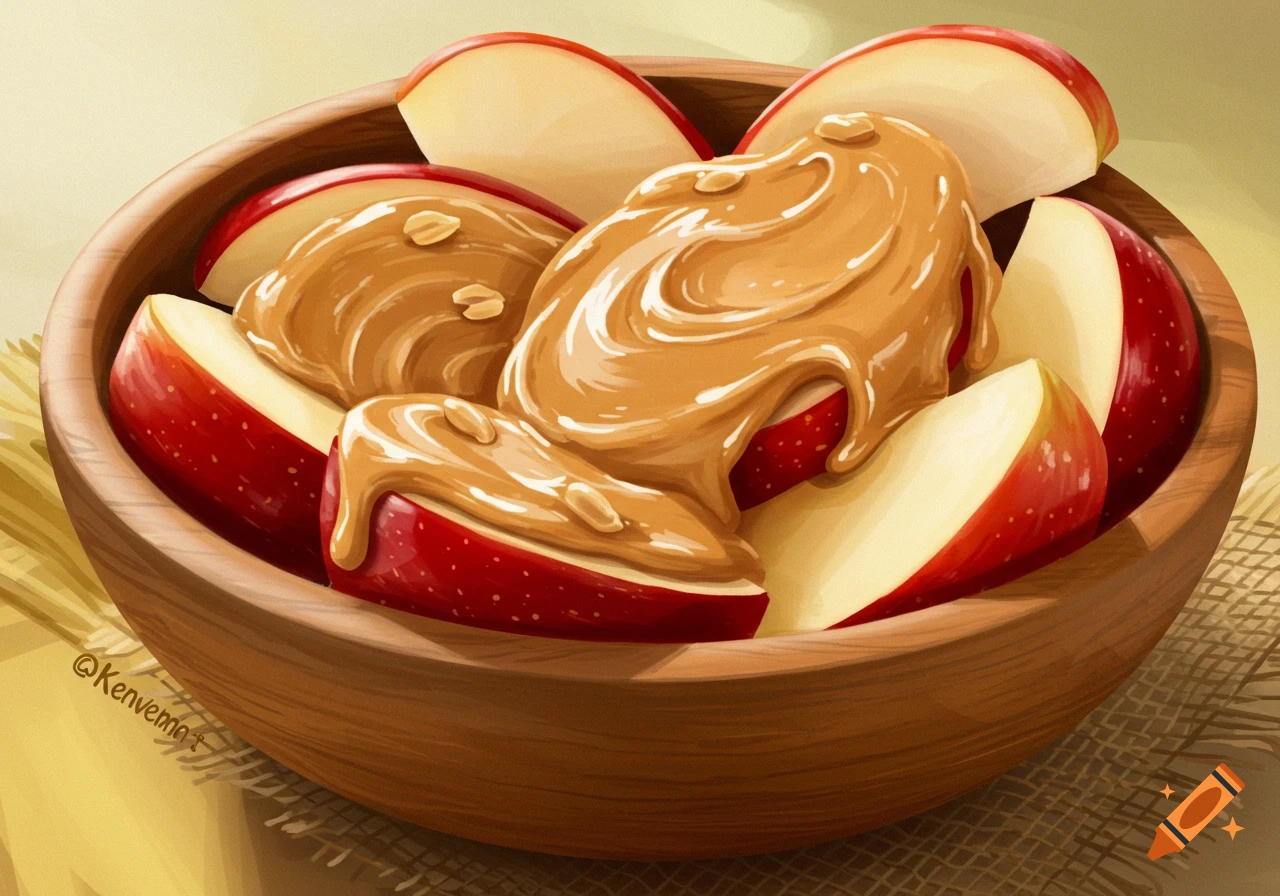 Illustrative depiction of red apple slices in a wooden bowl, generously topped with creamy peanut butter.