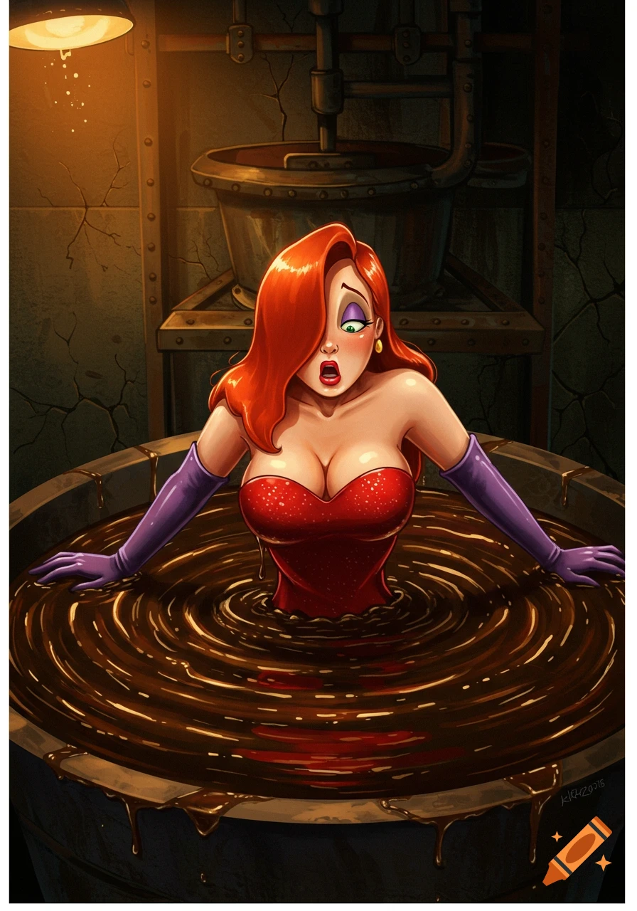Jessica Rabbit in a red dress and purple gloves sinks into a vat of swirling brown molasses in a factory setting.
