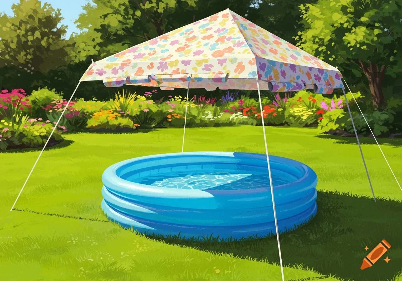 An inflatable blue pool sits under a colorful patterned pop-up gazebo in a green grassy backyard with lush trees and flowers.