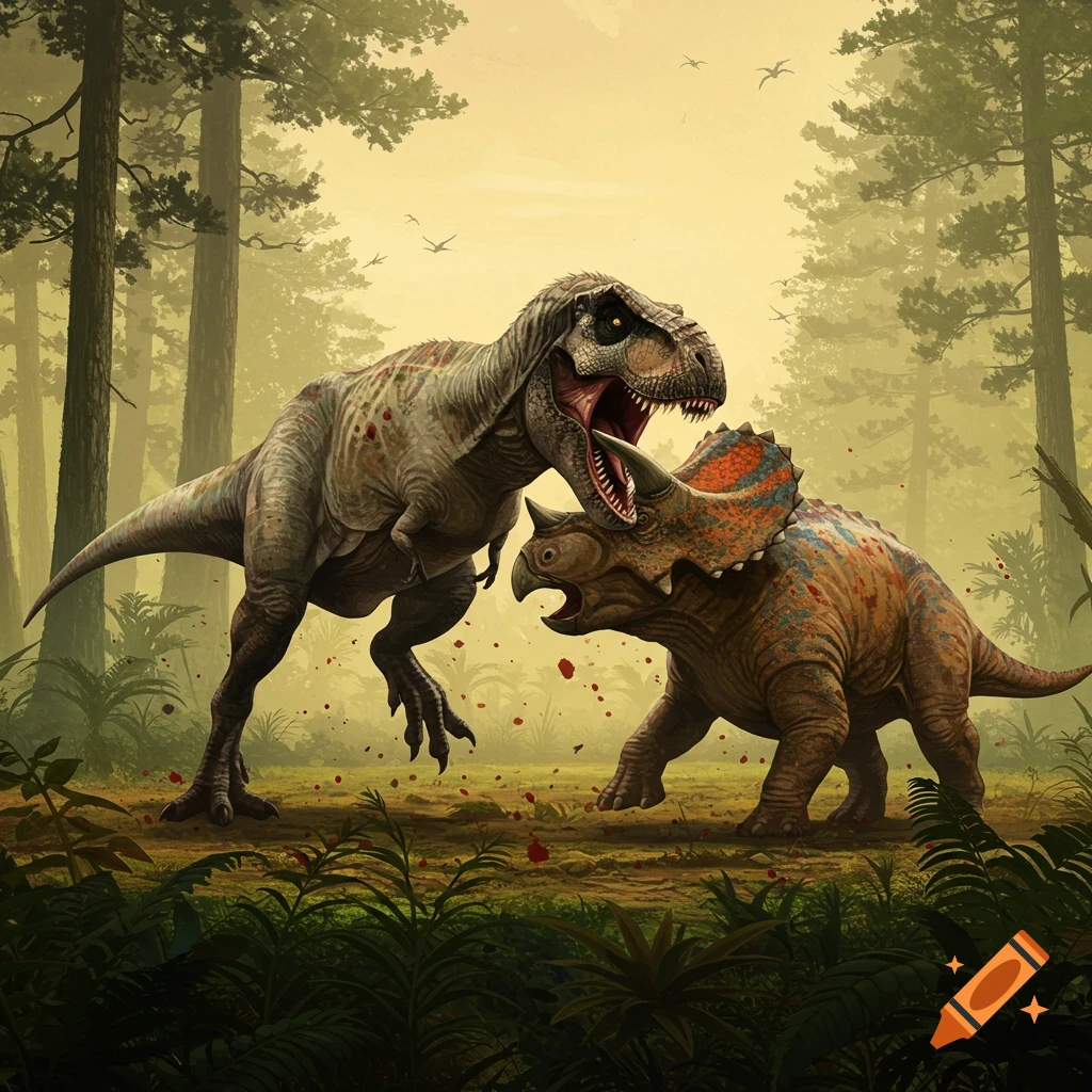 A detailed illustration of a T-Rex battling a Triceratops in a lush, misty prehistoric jungle with splashes of blood.