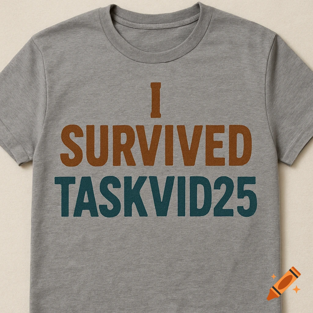 Close-up of a grey t-shirt with 'I SURVIVED TASKVID25' printed in brown and teal text.
