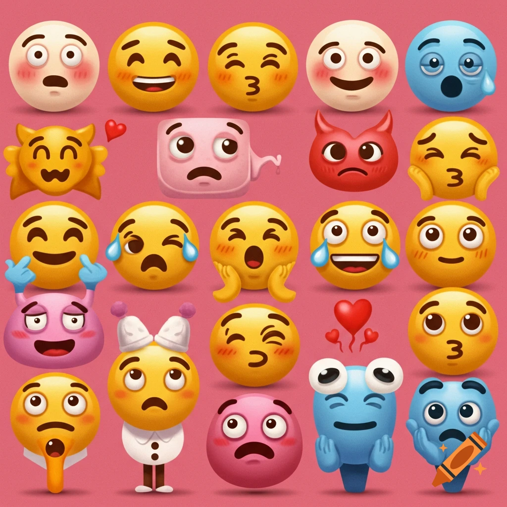 A grid of various colorful emojis displaying different expressions on a pink background.