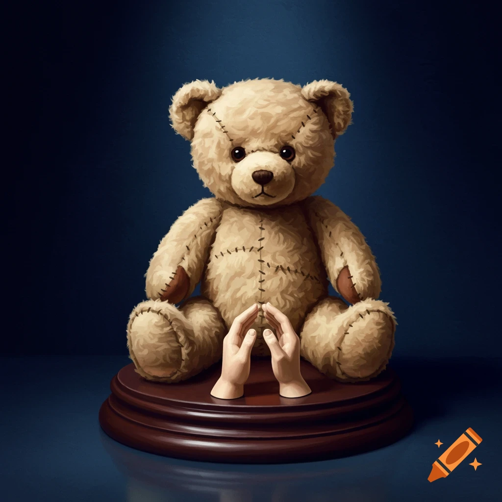 A beige teddy bear sits on a brown wooden pedestal with two small human-like hands positioned in front of it against a dark blue background.