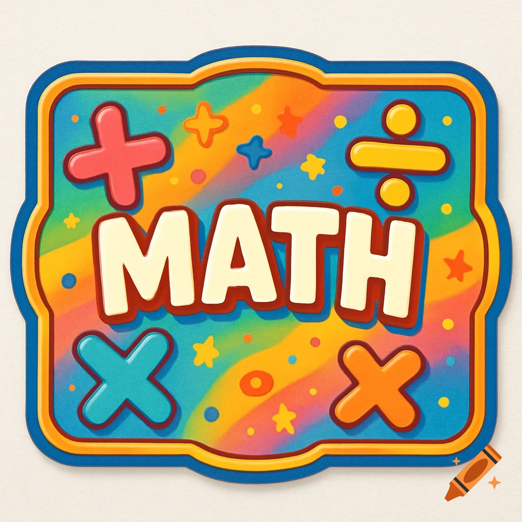 A vibrant Disney-style sticker label featuring the word 'MATH' in bold letters, surrounded by colorful math symbols like plus, division, and multiplication on a rainbow background.
