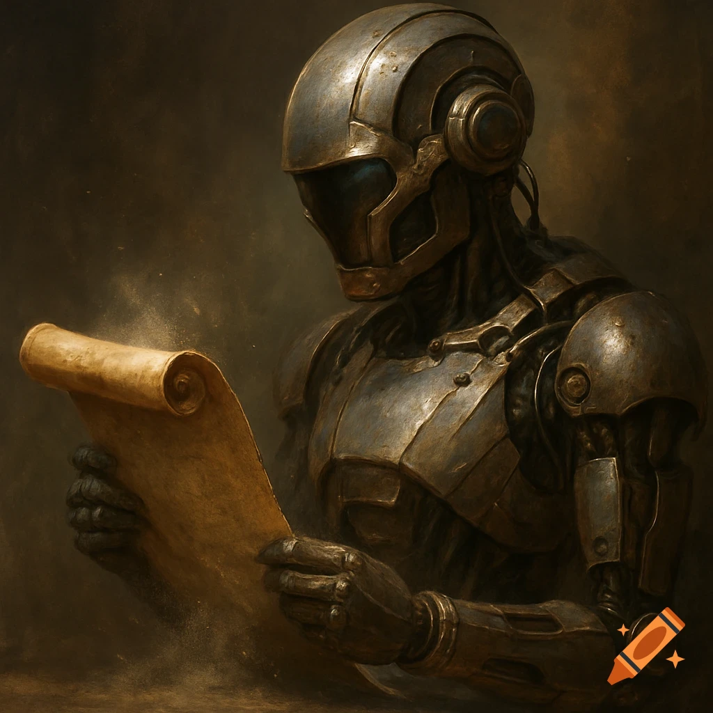 A metallic, armored android with a visored helmet reads an old, unrolled scroll in a dusty, dark environment. Painterly style.
