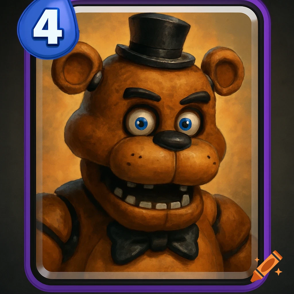 A digital illustration of Freddy Fazbear from Five Nights at Freddy's as a Clash Royale card, with a blue "4" in the top left corner.
