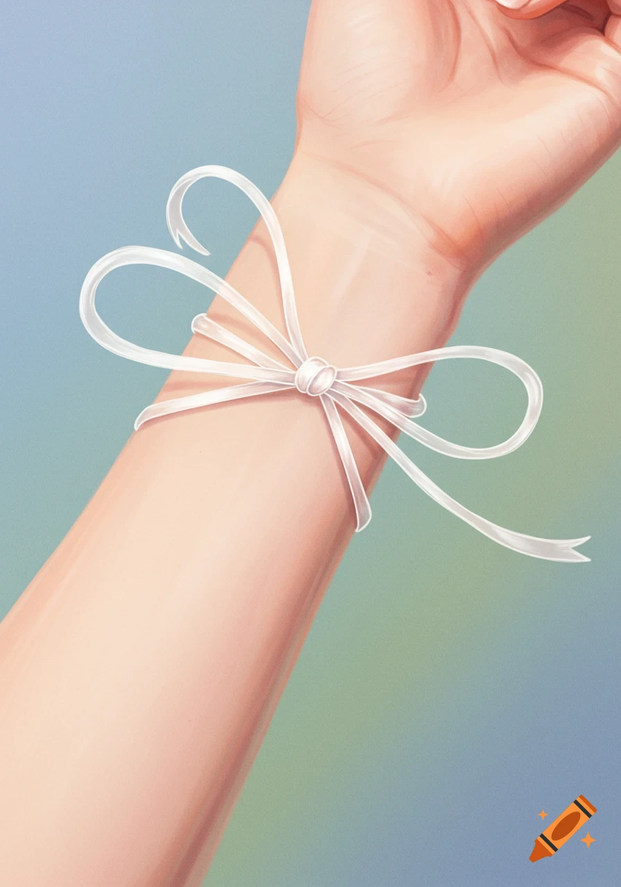 A delicate white ribbon tied in a bow around a human forearm with a soft, gradient background.