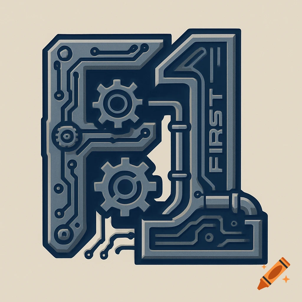 A flat, detailed pictorial logo combining the letter F and the number 1 into a mechanical structure with gears, pipes, and circuit lines, with the word 'FIRST' integrated.